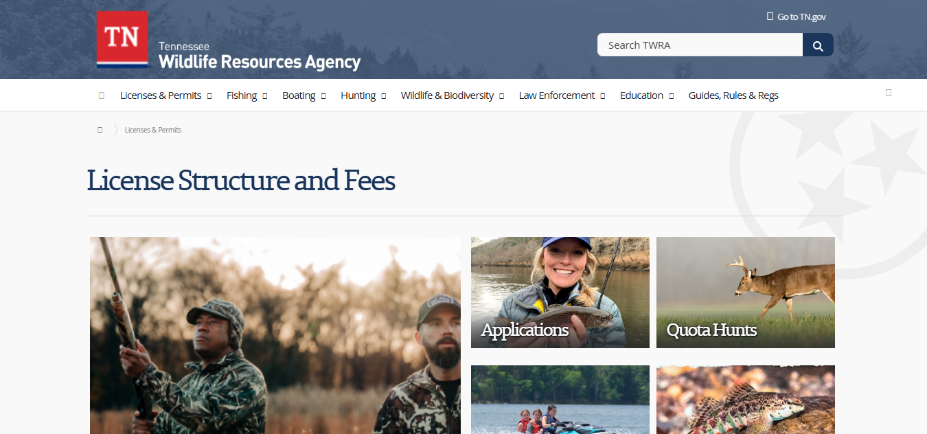Official Tennessee fishing license fees page showing TWRA resident, nonresident, trout and special fishing license options
